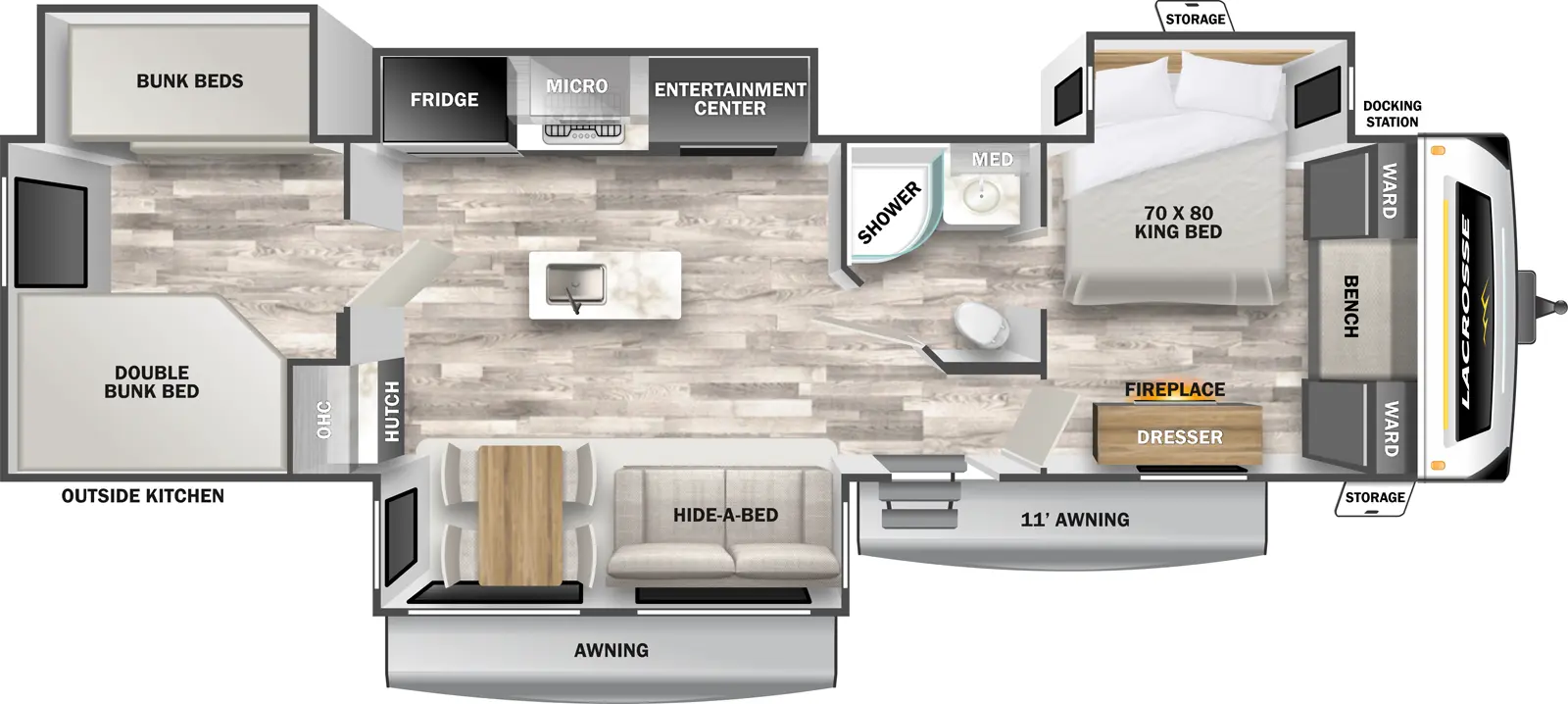 The LaCrosse 3501BH has one entry and four slide outs. Exterior features include: fiberglass exterior and outside kitchen. Interiors features include: bunk beds, kitchen island, free-standing dinette option and front bedroom.